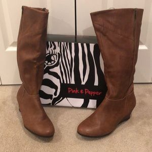 Brown Faux Leather Knee High Wedge Boots. Size 10